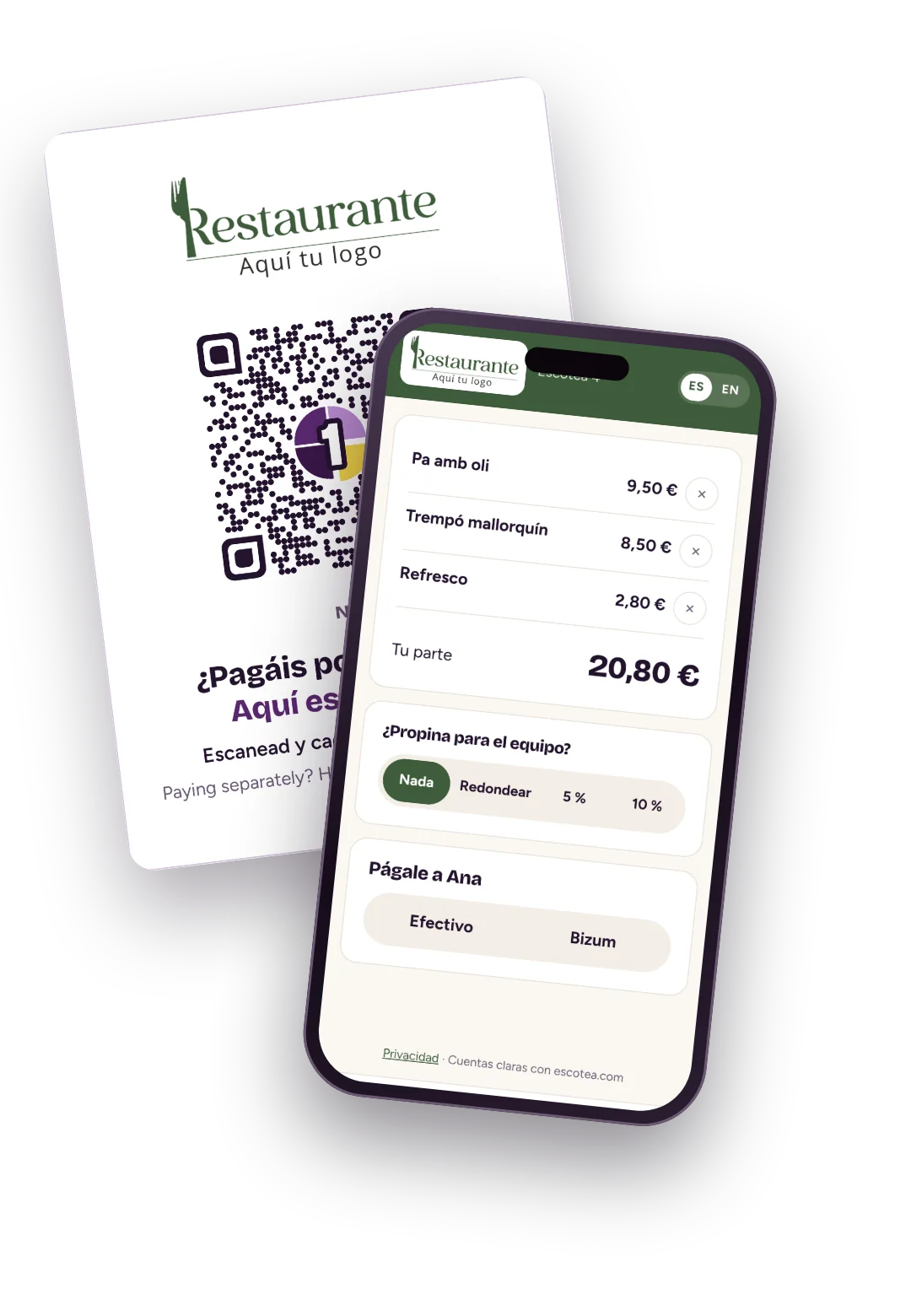Tarjeta Escotea y un móvil con la cuenta de un comensal